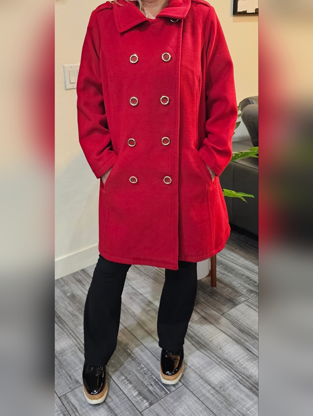 Liz Claiborne Women's Red Double-Breasted Wool-Blend Peacoat